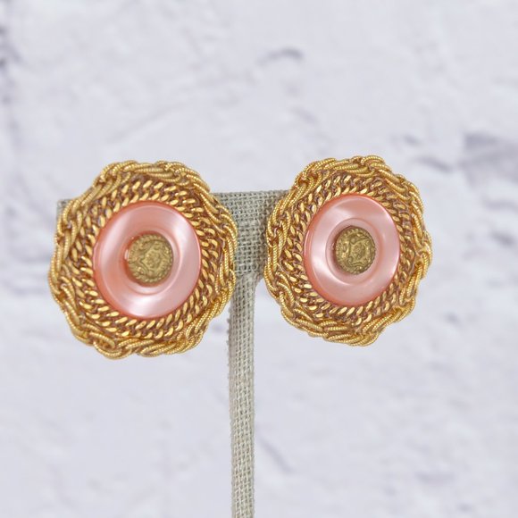 Vintage Patti Horn Pink Pearlescent Disc Earrings… - Picture 8 of 15